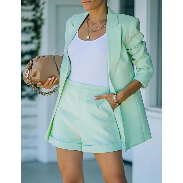 HAUFR Set för kvinnor 2-delade Outfits Business Blazer Kostymer Öppna Front Blazers och Shorts Sets Green Small