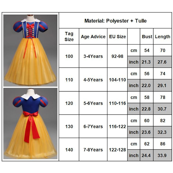 Lasten tyttöjen prinsessajuhlat Lumikki Cosplay-asut Fancy mekko