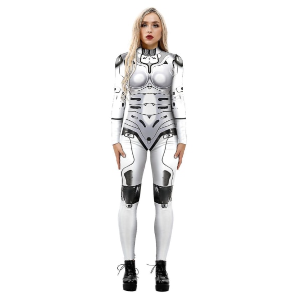 Dame 3d Robot trykt Cosplay kostyme Jumpsuit Halloween Playsuit White