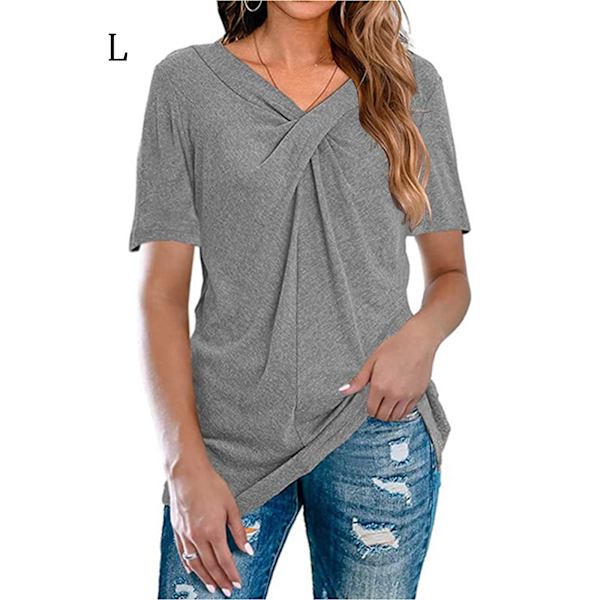 Dame top efterår afslappet pullover skjorte V-hals ensfarvet bluse Short Sleeve L