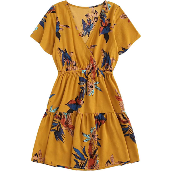 HAUFR Kvinders Sommer Polka Dots V-hals Flæser Cap Sleeve A Line Mini Kjole Mustard Yellow X-Large
