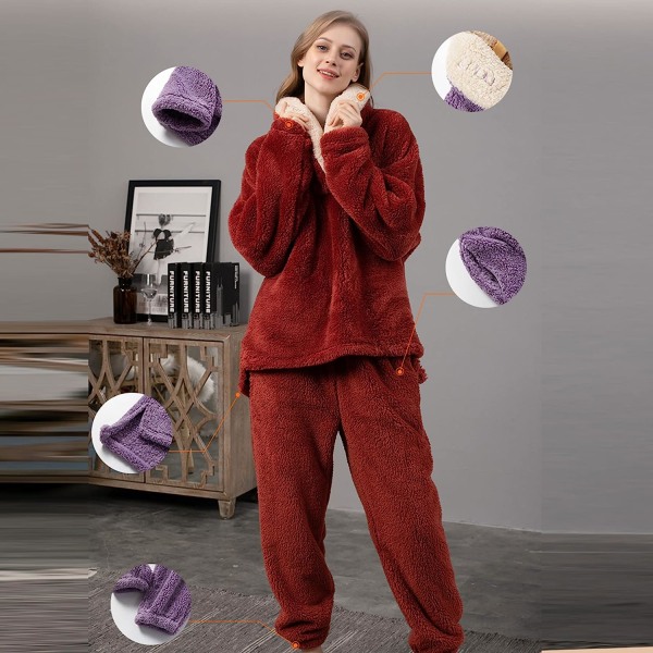 HAUFR Dame Fluffy Pyjamas Sæt Pullover Bukser Vinter Varm Casual Fuzzy Plys Loungewear Nattøj Red Large