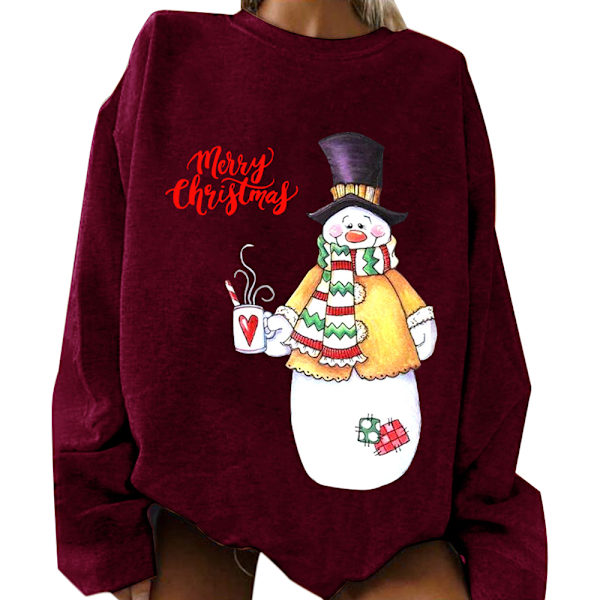Damesweater med langærmet snemandsprint Wine red M