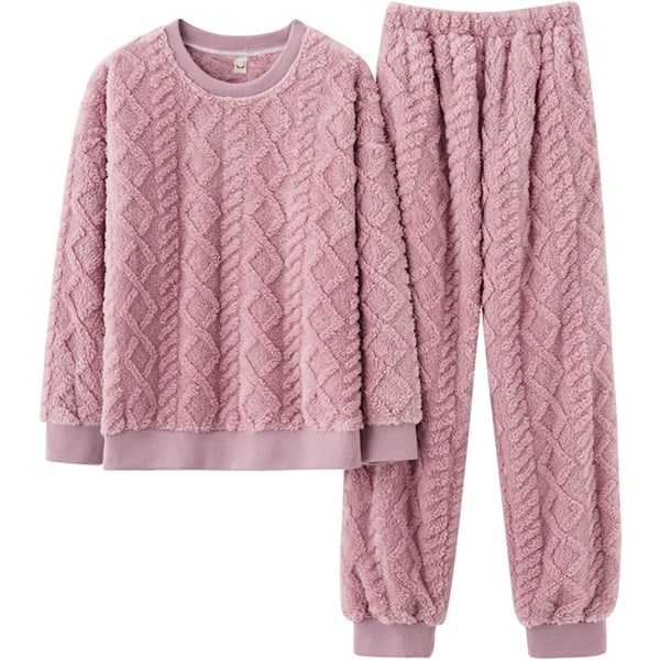 HAUFR Dame Fluffy Fleece Pyjamas Sæt 2 Del Varm Fleece Pyjamas Sæt Blødt Nattøj Langærmede Rundhals Lommer Bukser Pink Medium
