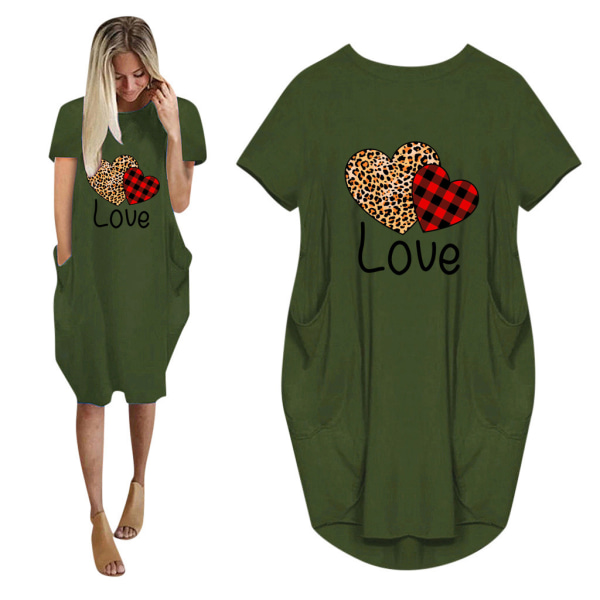 Alla hjärtans dag Kärleksbrev Klänning Kortärmad skjortklänning Army Green 2XL