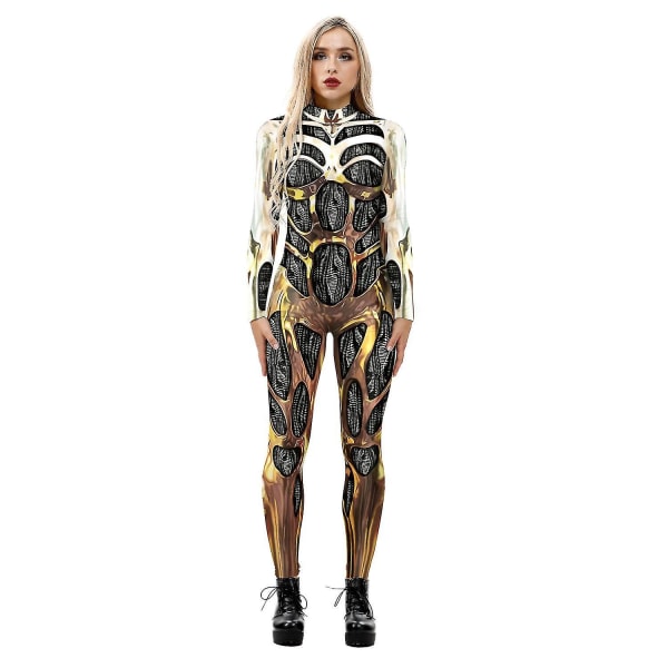 Ladies 3d Robot Printed Cosplay Costume Jumpsuit Halloween Playsuit Gold