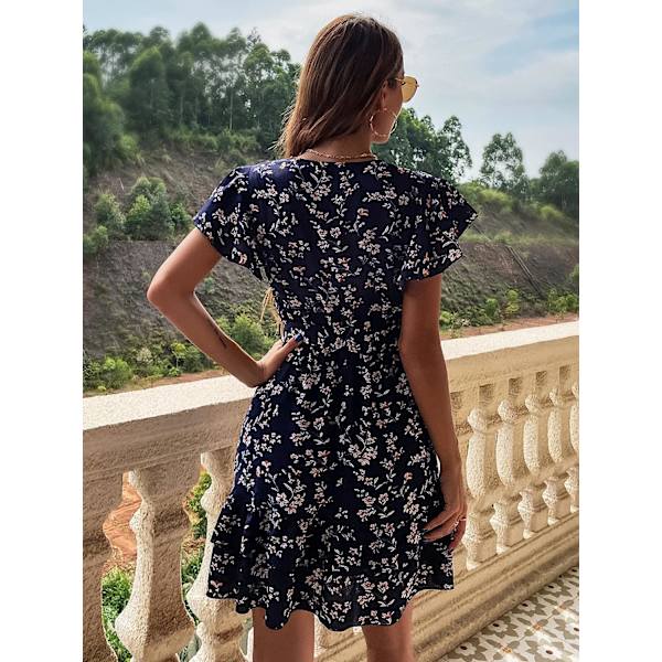 HAUFR Kvinders Sommer Polka Dots V-hals Flæser Cap Sleeve A Line Mini Kjole Deep Blue Large