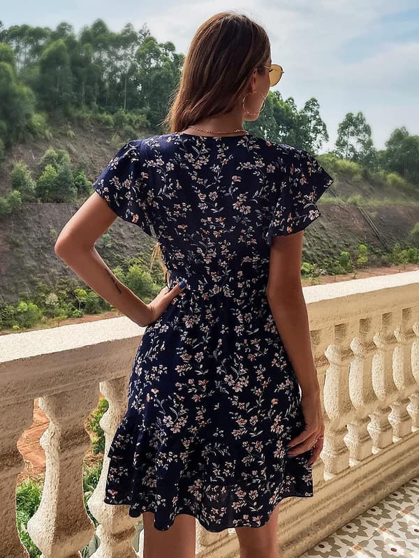HAUFR Summer Polka Dots V-hals Ruffles Cap Sleeve A Line Mini Dress Deep Blue Large