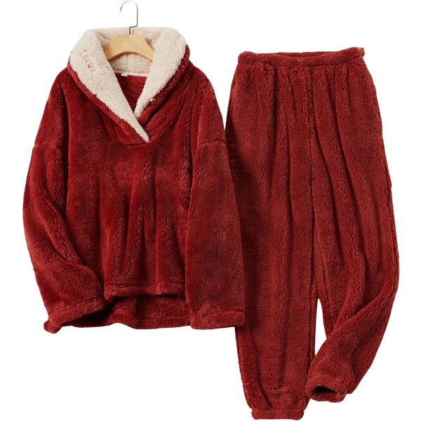 HAUFR Dame Fluffy Pyjamas Sæt Pullover Bukser Vinter Varm Casual Fuzzy Plys Loungewear Nattøj Red Large