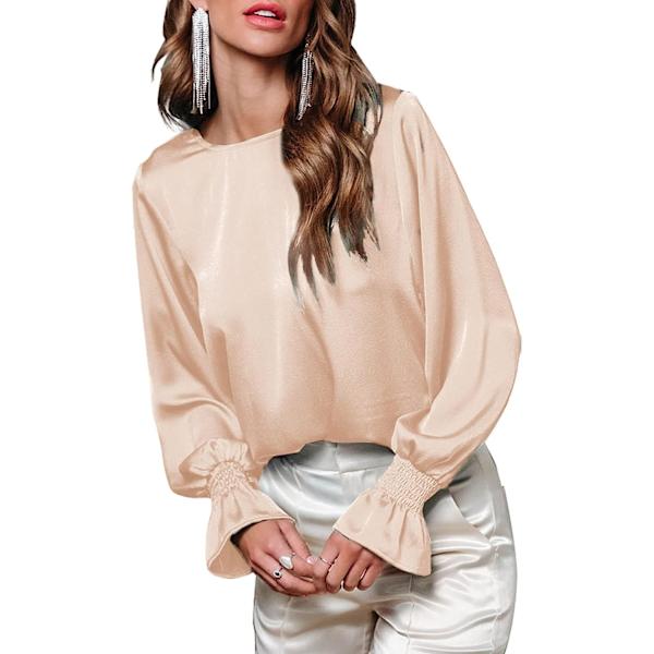 HAUFR Gensere for kvinner Dressy Uformell, rund hals Ruffle Bubble Langermede skjorter Solid sateng bluser X-Large Apricot Apricot