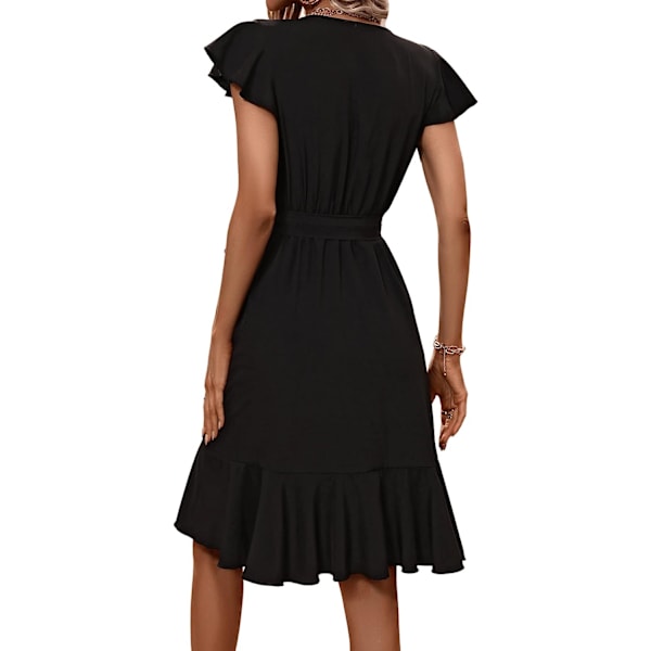 HAUFR Kvinders Sommer Polka Dots V-hals Flæser Cap Sleeve A Line Mini Kjole Black Dull X-Large