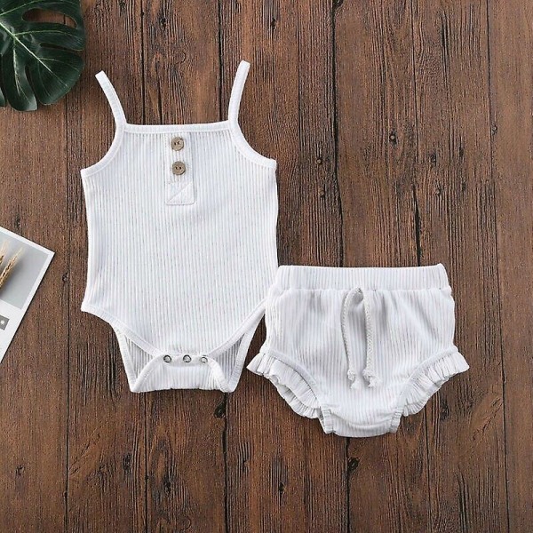 Knitted Crop Tops & Shorts Outfits Sleeveless Clothing Set - white 18 to 24 Months