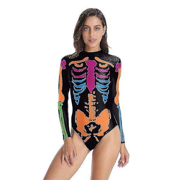 Skeleton Print uimapuku vetoketju pitkähihainen kolmio Halloween One Piece Costumes W Brilliant green S M