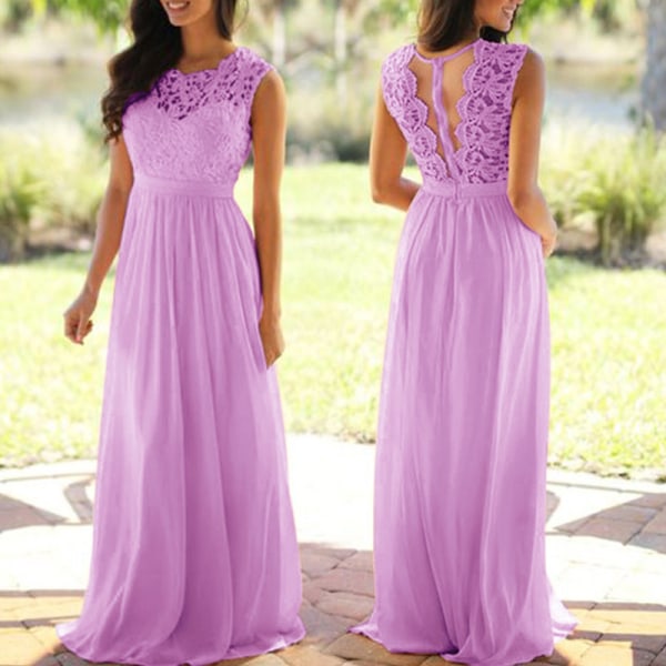 Ermeløse Damer Sexy Bryllupsbrudepike Lange kjoler Elegante Purple L