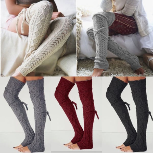 1 par damestrikket over kneet sokker lår høye lange sokker Dark gray