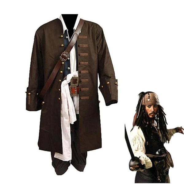 Pirates Of The Caribbean Cosplay Kostym Film Jack Sparrow Cosplay Full Set Costume Club Halloween Party Show Outfit  S wig hat L
