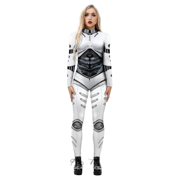 Dame 3d Robot trykt Cosplay kostyme Jumpsuit Halloween Playsuit White Grey