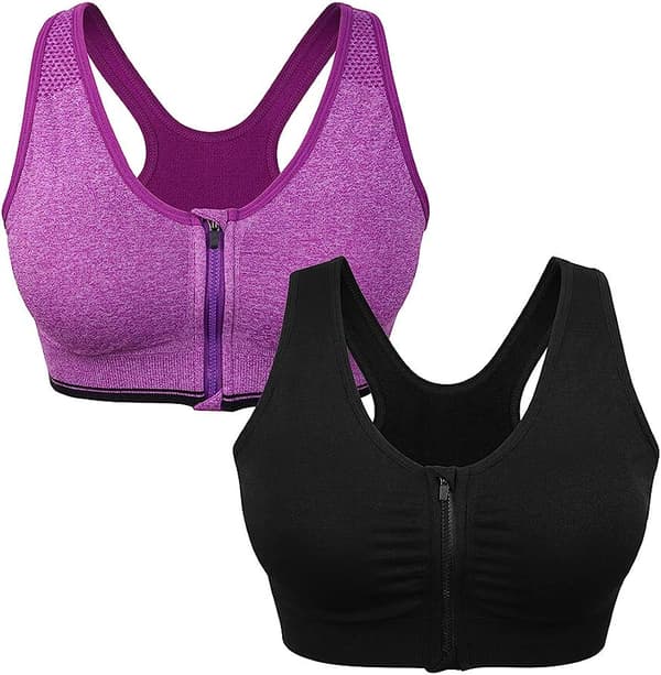 Sport-bh med dragkedja fram för kvinnor Trådlös post-operationsbh Active 2 Pack(black+purple)