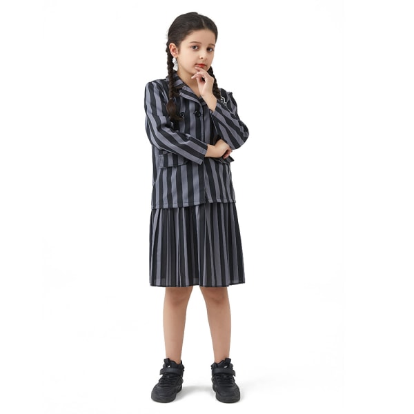 Onsdag Addams Costume Girl School Uniform Dress Suit til Kid Grey L