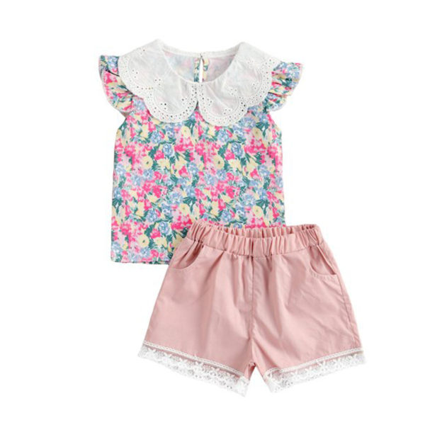 2 stk Baby Summer Outfit Girl Printed Ruffle Top Blonde Shorts Pink 80cm