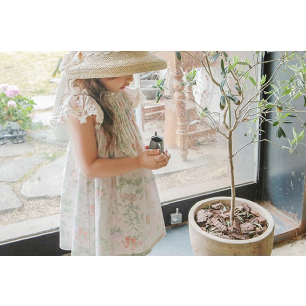 Nya blommiga klänningar med elastiska spetsärmar för barn white 110