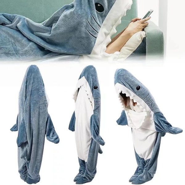 Vuxen supermjuk flanellhuvtröja Shark Sovsäck Bärbar lös pyjamas i ett stycke Blue Blue 190cm(190 * 90cm)