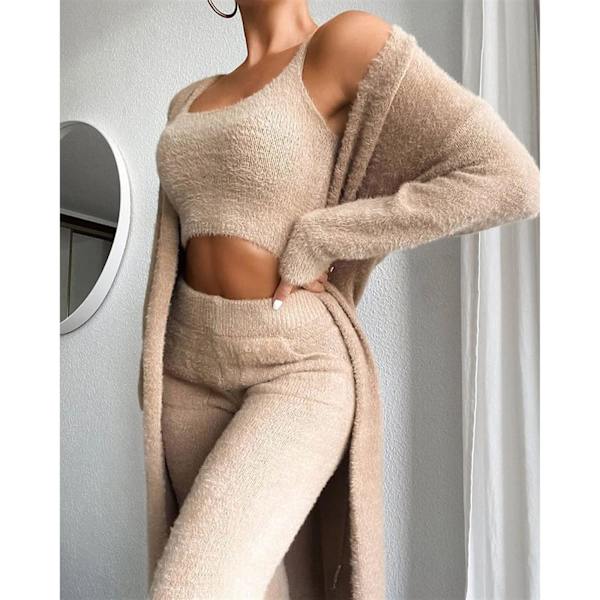 Dam sexig varm fuzzy fleece 3-delad outfit Pyjamas, mysigt stickad set 3-delad, öppen front huva kofta toppbyxor(S) 0