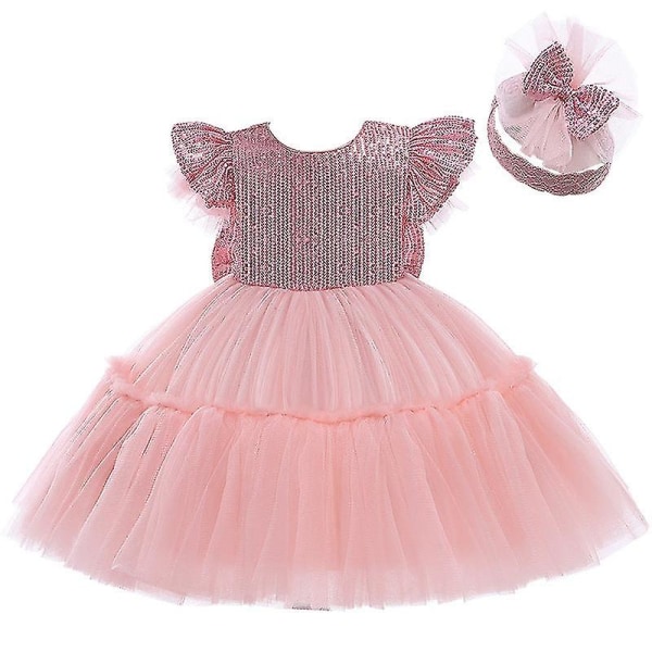 Jenter Prinsessekjole Paljettsløyfe Flying Sleeve Gaze-kjole med hodeplagg for barn Halloween Barnedagsgave Pink 90cm