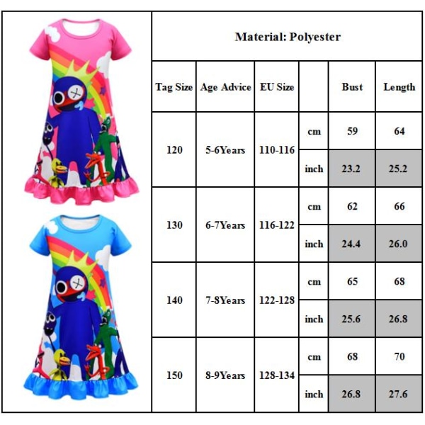 Girls Rainbow Friends Dress Cartoon print Casual blue 140cm