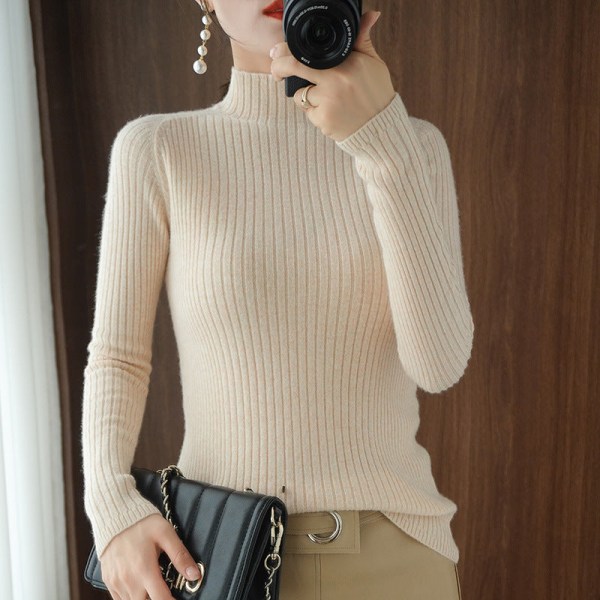 Kvinder strikket efterårs vinter sweater halv rullekrave kashmir Slim Fit løst overtøj Light Beige XL