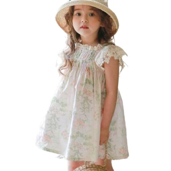 Nya blommiga klänningar med elastiska spetsärmar för barn white 90