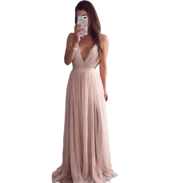 Elegant mesh-flydende mesh-kjole med åben ryg og slim talje (Pink S)