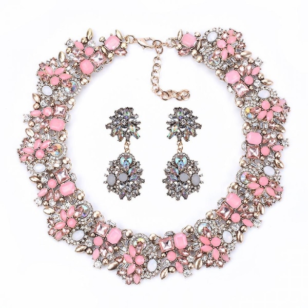 Chunky halskæde Rhinestone kostume smykkesæt Pink Xq-ps112