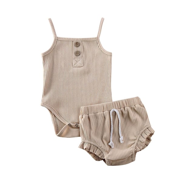 Knitted Crop Tops & Shorts Outfits Sleeveless Clothing Set - Beige 3 to 6 Months