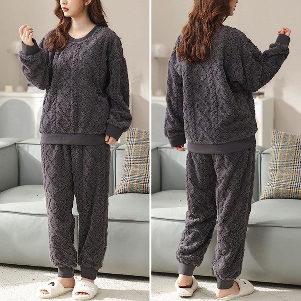 HAUFR Dam Fluffy Fleece Pyjamas Set 2 delar Varm Fleece Pyjamas Set Mjuka nattkläder Långärmade Crewneck fickor Byxor Black X-Small