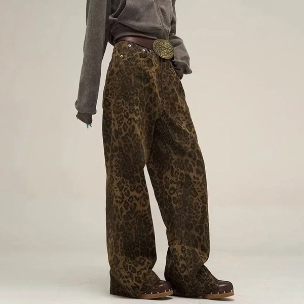 Tan Leopard Jeans Dame Denim Bukser med brede ben Leopard print leopard print L