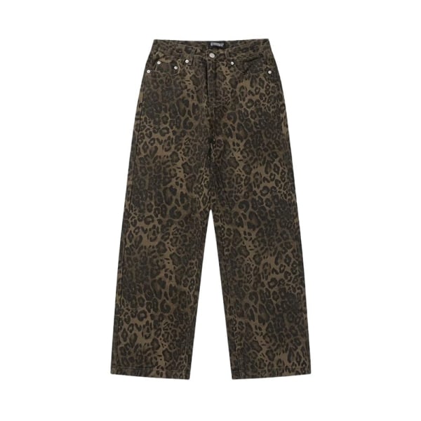 Tan Leopard Jeans Naisten farkkuhousut Leveälahkeiset housut leopardikuvioinen leopard print L