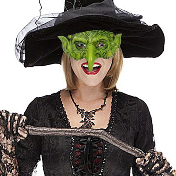 Grön häxmask Skräck läskig halvansikts häxmask Pu-skummande mask med lång näsa Halloween Skrämmande Cosplay-kostymer