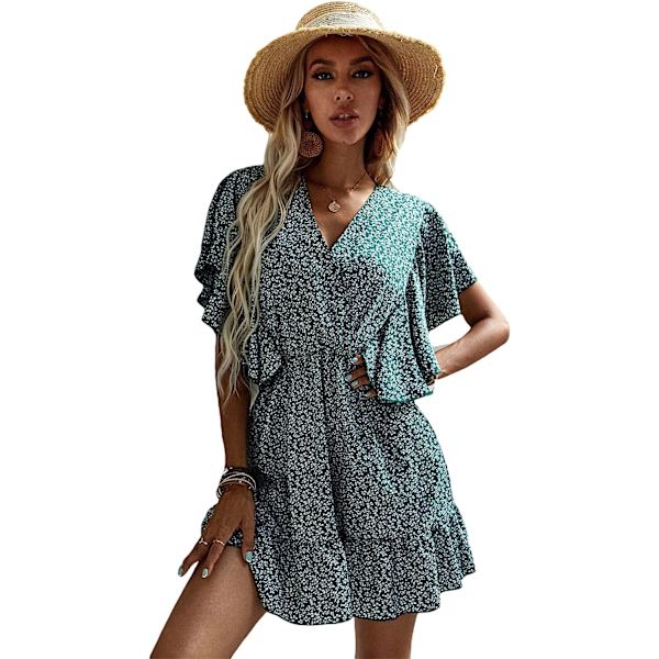 HAUFR Kvinders Sommer Polka Dots V-hals Flæser Cap Sleeve A Line Mini Kjole Green X-Large