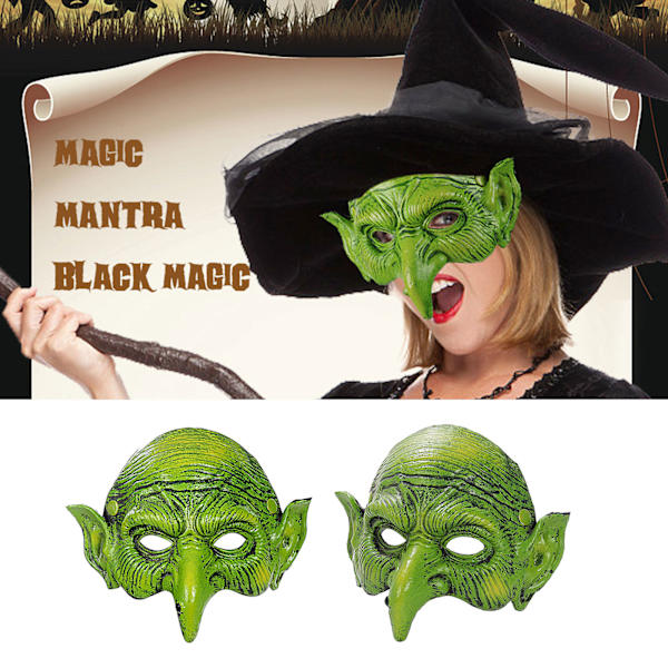 Grön häxmask Skräck läskig halvansikts häxmask Pu-skummande mask med lång näsa Halloween Skrämmande Cosplay-kostymer