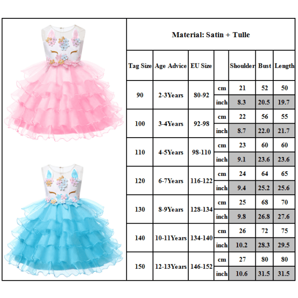Kids Unicorn Mesh-skjørt Tutu-skjørt Performance-kjole Tutu-kjole blue 130cm