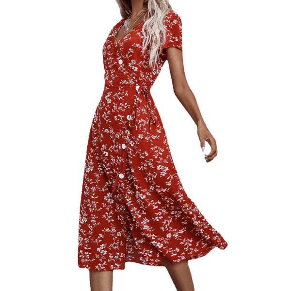 Sexy lang kjole med v-hals og trykk med v-hals for kvinner med splitt Red M