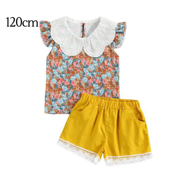 2 kpl Baby Summer Outfit Tyttö Printed Ruffle Top Lace shortsit Yellow 120cm
