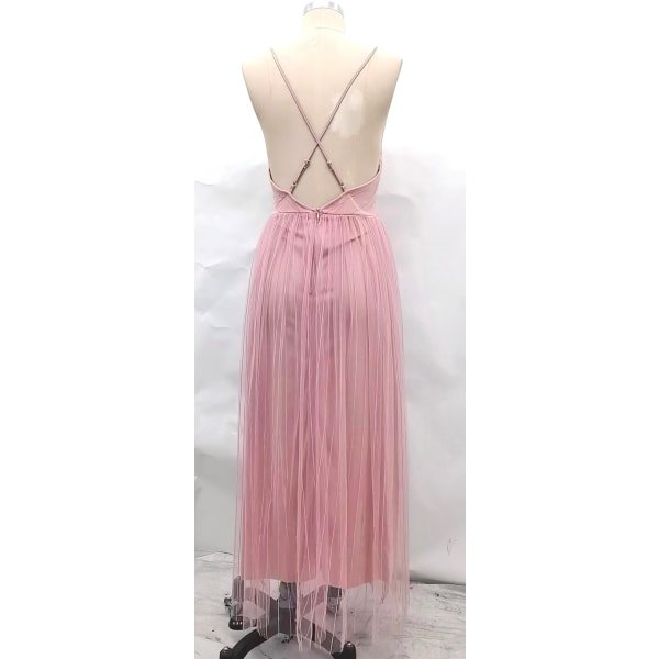 Elegant mesh-flytende, slank midjekjole med åpen rygg (rosa S)