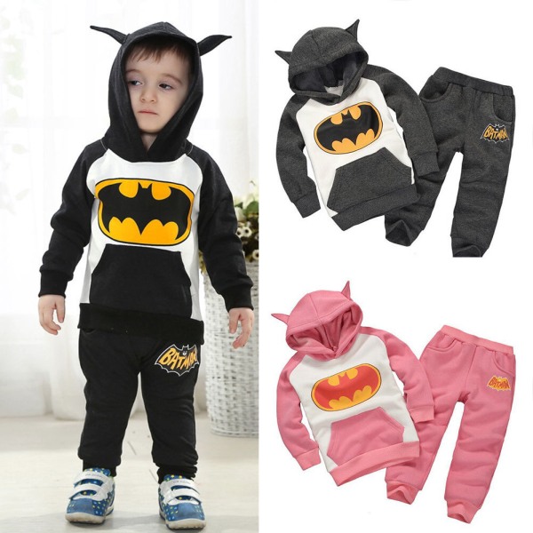 Barn Gutter Jenter Batman Sweatshirt Topper Bukser Joggedress Grå Black 130