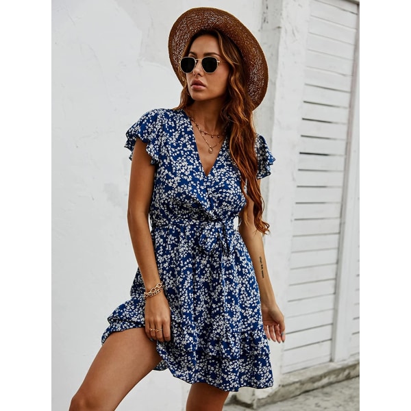 HAUFR Women's Summer Polka Dots V-neck volanger Cap ärm A Line Mini Dress Blue Floral Small