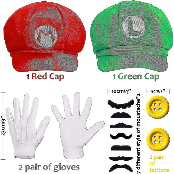 Super Mario Bros Mario og Luigi Luer Caps Bart Hansker Knapper Cosplay Kostyme 1