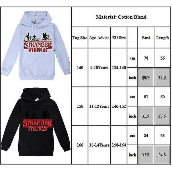 Stranger Things Tema Tenåringer Casual hettegensere Langermet hette genser genser topper Black 13-14 Years