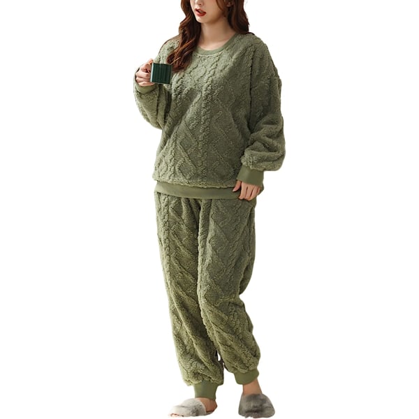 HAUFR Dame Fluffy Fleece Pyjamas Sæt 2 Del Varm Fleece Pyjamas Sæt Blødt Nattøj Langærmede Rundhals Lommer Bukser Green Small