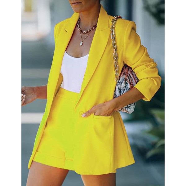 HAUFR Set för kvinnor 2-delade Outfits Business Blazer Kostymer Öppna Front Blazers och Shorts Sets Yellow Medium